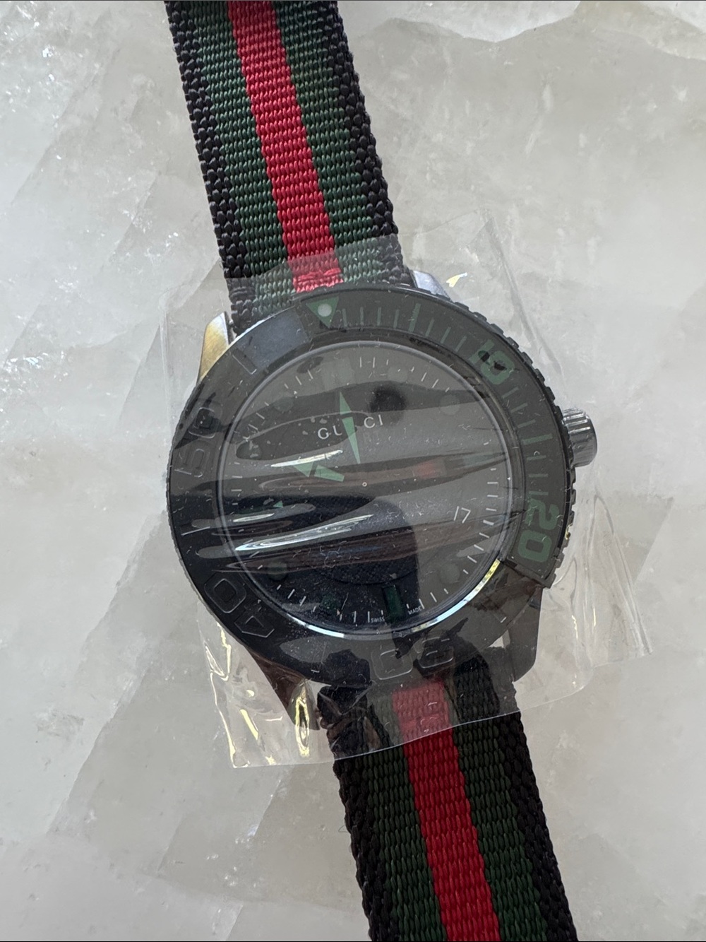NIB Gucci Black Dial Watch with Green and Red Stripe Nylon Strap - Picture 2 of 7